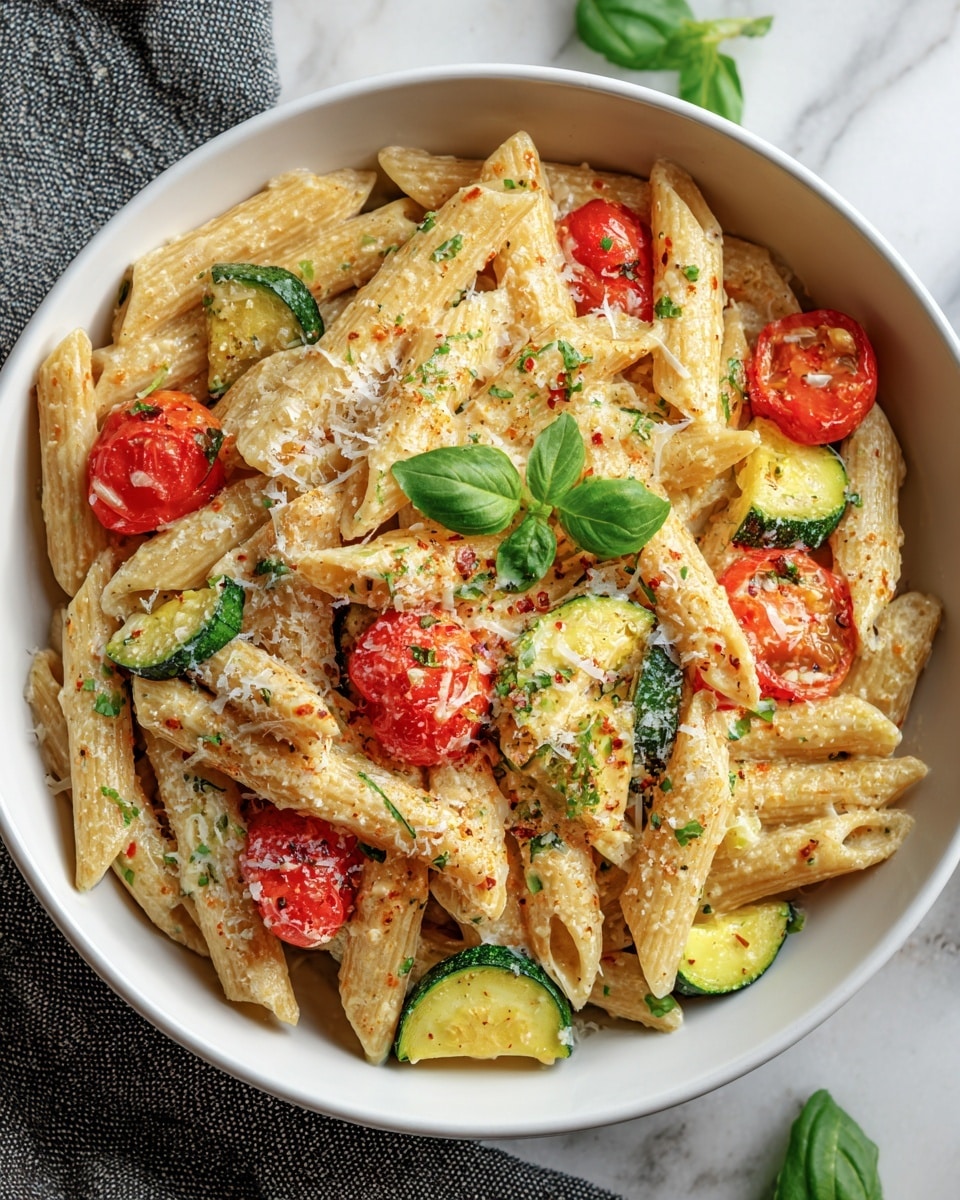 A white bowl filled with penne pasta coated in a light, creamy sauce with herbs. Bright red cherry tomato halves and small, round slices of green zucchini are mixed evenly throughout the pasta. The dish is sprinkled generously with grated cheese, creating a fine white layer on top. Small fresh green basil leaves are placed on the surface, adding a fresh look. The bowl sits on a white marbled surface with parts of a gray textured cloth visible beside it. photo taken with an iphone --ar 4:5 --v 7