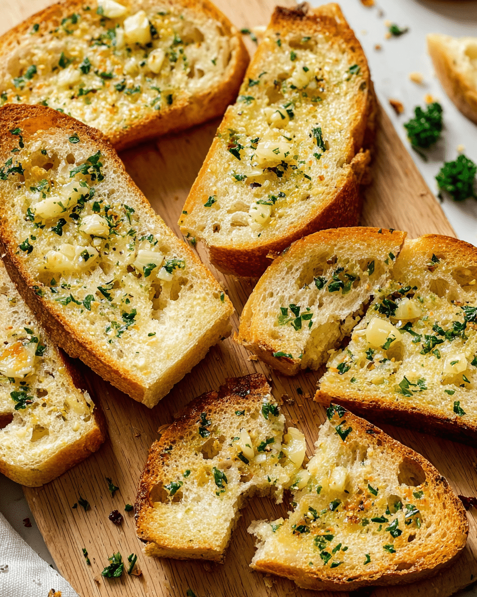 Several slices of toasted garlic bread are arranged on a light wooden board placed on a white marbled surface, showing a crisp golden crust with soft, airy interiors. Each slice is topped with a shiny layer of melted butter mixed with small chunks of garlic, sprinkled with finely chopped green parsley and a few black pepper flakes. Some slices are whole, while others are cut into smaller pieces, highlighting the texture of the bread and the herb topping. There are a few crumbs around the slices and some green herbs slightly visible at the edge. photo taken with an iphone --ar 4:5 --v 7