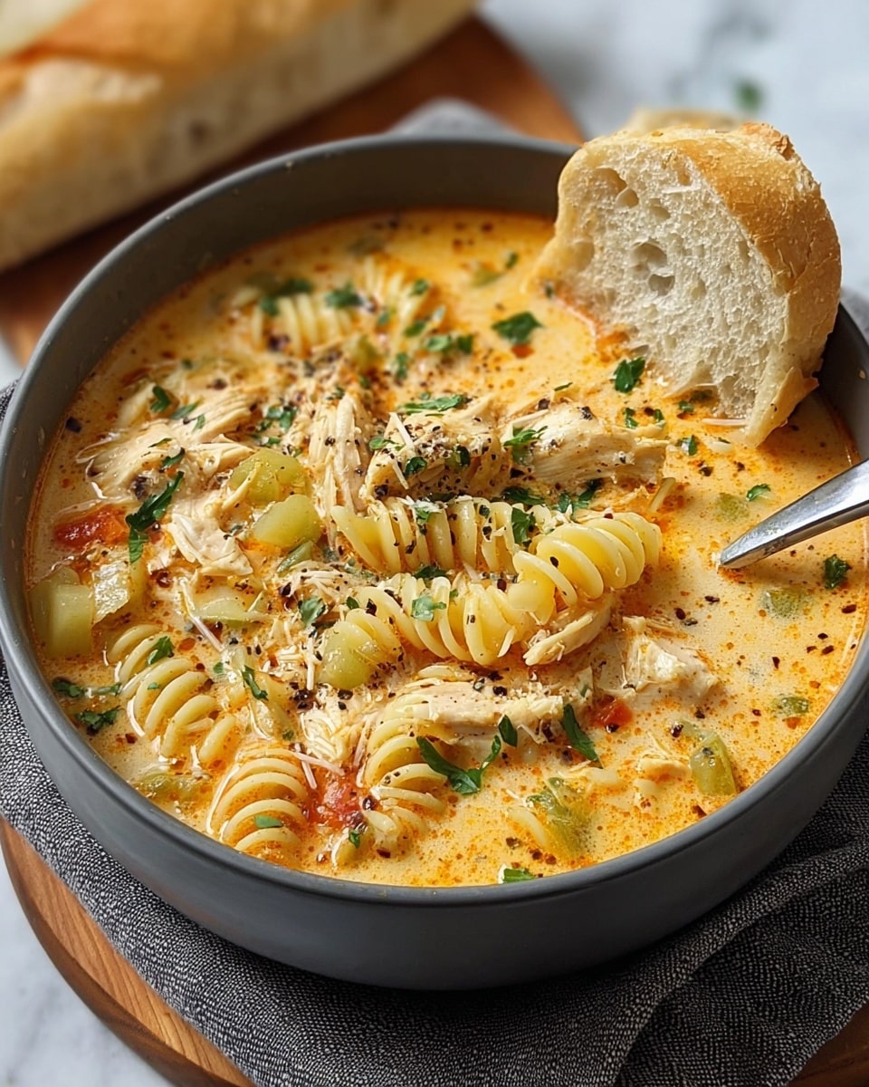 A gray bowl filled with creamy orange soup, showing visible chunks of cooked chicken pieces and spiral pasta mixed throughout. The soup has a rich texture with small bits of green herbs and black pepper sprinkled on top, adding contrast and freshness. A slice of baguette rests on the edge of the bowl, partially dipped in the soup. The bowl sits on a wooden board and a gray cloth is under the bowl, all placed on a white marbled surface. photo taken with an iphone --ar 4:5 --v 7