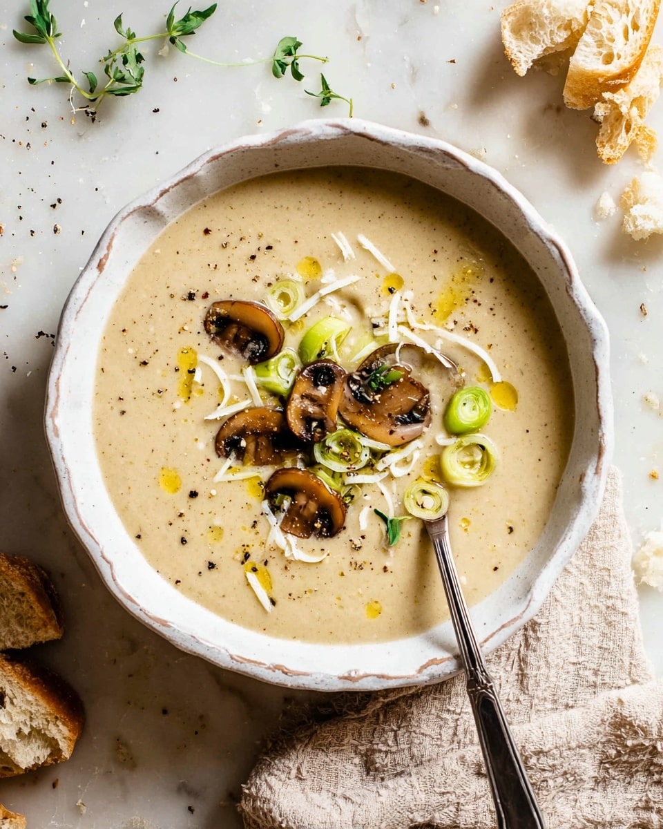 A scalloped white bowl holds a creamy beige soup with a smooth texture, topped with three halved brown mushrooms and small slices of light green leeks placed centrally. Around the toppings, there are thin white cheese shreds, small dark specks of pepper, and a drizzle of golden oil creating a glistening effect. A silver spoon rests inside the bowl on the right side, dipping into the soup. The bowl sits on a white marbled surface, with fresh green herbs scattered near the top left and torn pieces of crusty bread placed on the bottom left. A beige textured cloth is folded on the right side near the bowl. photo taken with an iphone --ar 4:5 --v 7