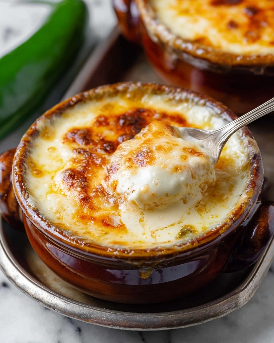 A close-up view of a brown ceramic pot filled with a creamy, cheesy dip that has a slightly browned top layer, showing melted cheese bubbling on the surface. A silver spoon dips into the thick, rich white and light yellow cheese mixture, with visible pockets of melted butter or oil glistening across the smooth surface. The pot sits on a gray metal tray, with another similar pot blurred in the background and a green chili pepper beside it, all resting on a white marbled surface. photo taken with an iphone --ar 4:5 --v 7
