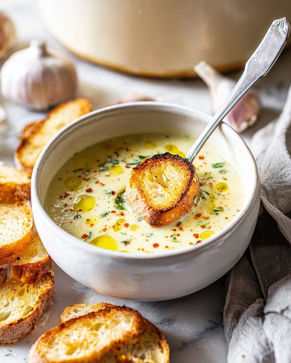 A white bowl filled with creamy pale yellow soup sits on a white marbled surface. The soup is decorated with small drops of olive oil, sprinkled red spices, and bits of green herbs. A single toasted golden brown bread slice floats on top, slightly crispy around the edges. A silver spoon rests inside the bowl, handle leaning against the side. Around the bowl, there are more toasted bread slices and a piece of crusty white bread. In the background, blurred garlic bulbs and a cream-colored pot add a rustic feel. A grey cloth napkin lies next to the bowl. photo taken with an iphone --ar 4:5 --v 7