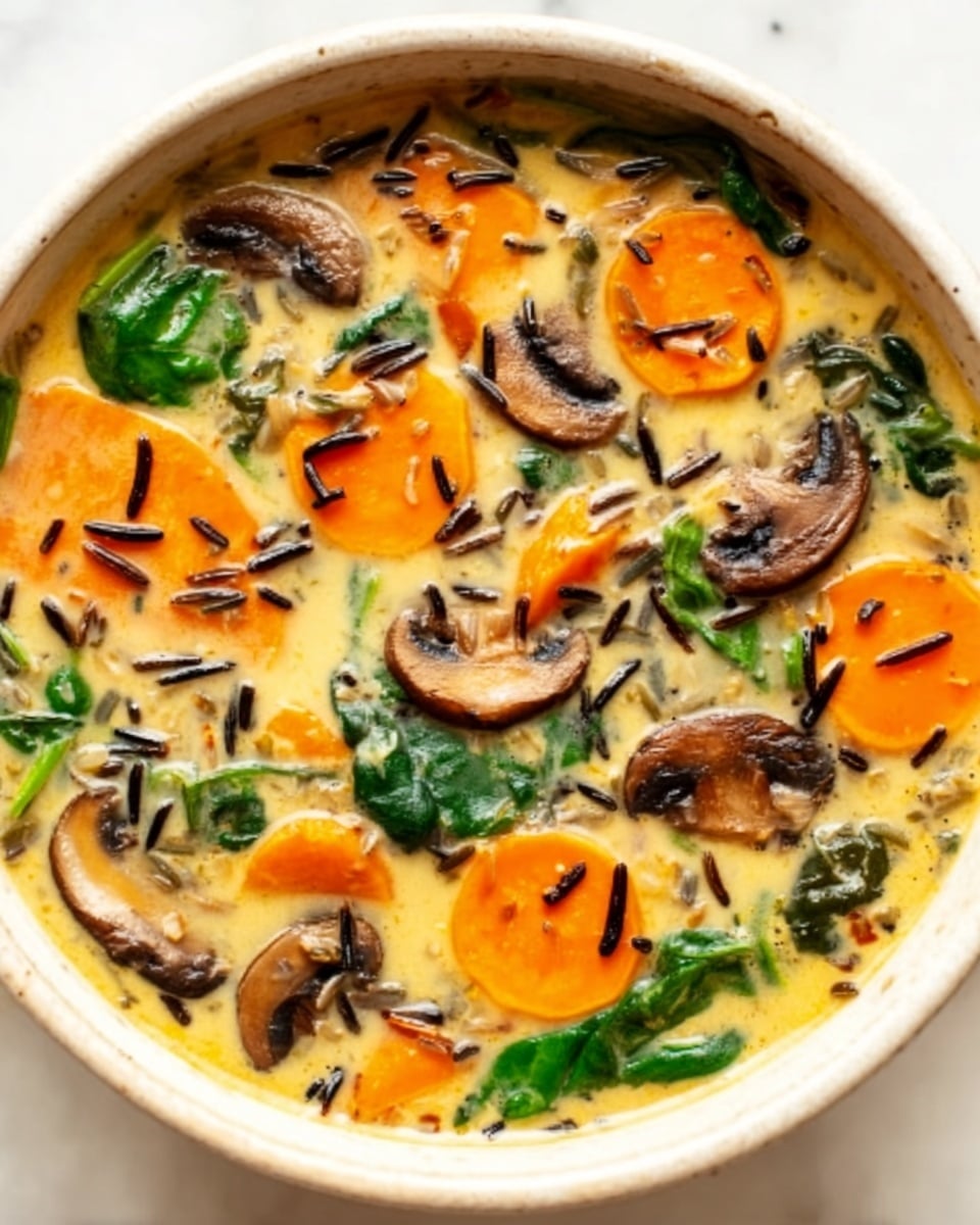 A white bowl filled with creamy soup that has three main layers visible: the base is a smooth, thick, light yellow broth; floating on top are slices of orange sweet potatoes, dark brown sliced mushrooms, and bright green spinach leaves scattered evenly; sprinkled throughout are small black wild rice grains adding texture contrast. The bowl sits on a white marbled surface. photo taken with an iphone --ar 4:5 --v 7