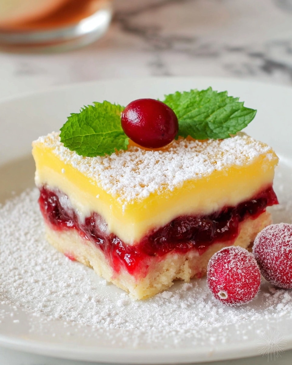 A three-layer dessert square sits on a white plate with powdered sugar dusted around it. The bottom layer is pale beige and firm, the middle layer is a thick, vibrant red jam with visible fruit pieces, and the top layer is a smooth, bright yellow custard. The dessert is topped with a single red cranberry and two fresh mint leaves. To the side of the dessert on the plate, two sugared cranberries add extra texture and color. The background features a white marbled surface. Photo taken with an iphone --ar 4:5 --v 7
