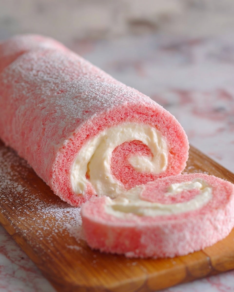 The image shows a pink rolled cake with a white cream filling spiraled inside, resting on a wooden board dusted with powdered sugar. One slice has been cut and lies flat in front of the remaining roll, clearly showing the even layers of soft pink cake and smooth white cream. The outer surface is coated lightly with powdered sugar, giving it a soft, snowy look. The background is softly blurred with hints of red and green, adding a cozy feel to the scene. photo taken with an iphone --ar 4:5 --v 7