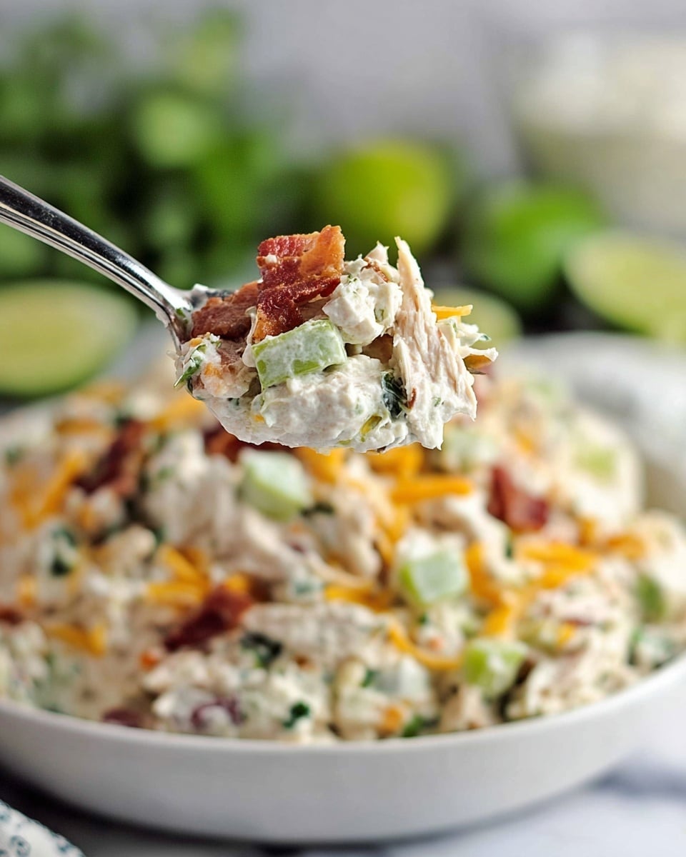 The image shows a close-up of a spoon full of chunky chicken salad above a large white bowl filled with the same salad on a white marbled surface. The salad has visible layers including pale shredded chicken pieces, small green celery bits, creamy white dressing, orange shredded cheese, and small red-brown bacon bits mixed throughout. The textures vary from creamy to chunky with some crispy bacon pieces on top. In the background, blurred lime wedges and green herbs add a fresh look. Photo taken with an iphone --ar 4:5 --v 7