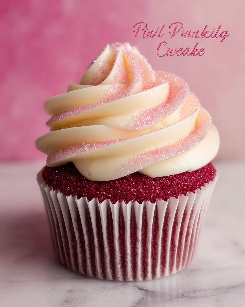 A single pink velvet cupcake sits in a white paper liner, showing a deep red sponge base with a soft, slightly crumbly texture. Above this is one thick layer of creamy vanilla frosting, piped high in smooth, thick swirls forming a spiral with a pointed peak at the top. The frosting is pale cream colored and sprinkled generously with fine pink sugar crystals that catch the light. The cupcake is set against a softly blended pink and beige background on a white marbled surface. Photo taken with an iphone --ar 4:5 --v 7