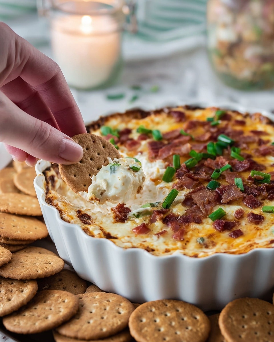 A baked dip in a white ceramic dish with rippled edges, showing a golden brown melted cheese top with small bits of crispy bacon and chopped green onions scattered across it. A woman’s hand is dipping a round cracker with a rough texture and light brown color into the creamy, white center layer of the dip. Around the dish, there is a spread of similar round crackers, arranged to fill the bottom of the image. The setting includes a white marbled surface and a blurred background featuring a lit candle, adding a warm, cozy light to the scene. photo taken with an iphone --ar 4:5 --v 7