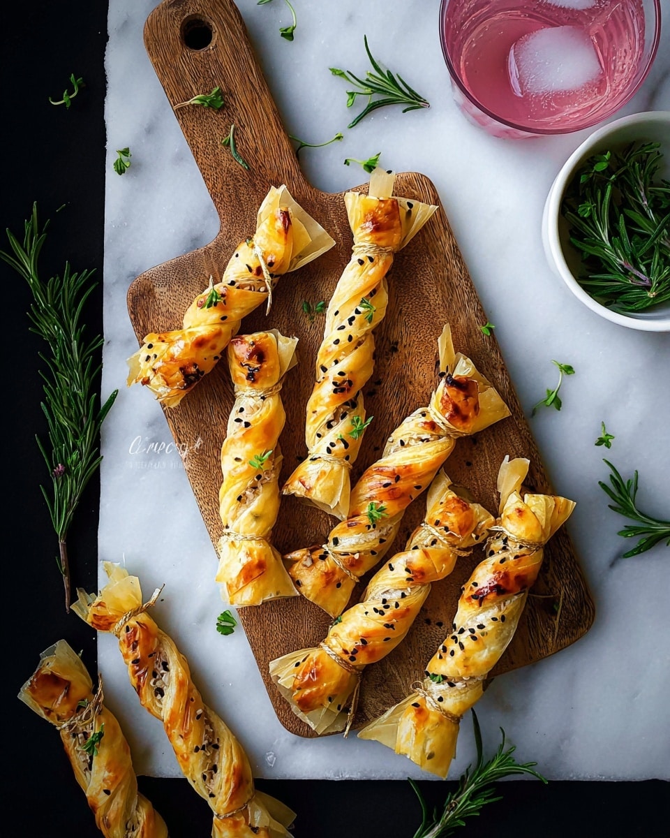 Six golden-brown crispy pastries shaped like wrapped candies lie on a small wooden board. Each pastry has two twisted ends tied with fresh green rosemary sprigs, adding a pop of color. The pastries are sprinkled with small black sesame seeds on top, creating texture contrast. One pastry is placed next to the board on a dark background with scattered rosemary leaves nearby. A white speckled pot with green leafy herbs sits in the top right corner, while a glass of pink drink with ice cubes is at the bottom right. The scene rests on a white marbled surface. photo taken with an iphone --ar 4:5 --v 7