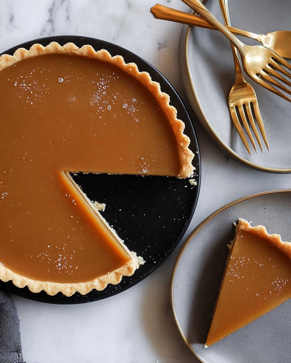 A smooth, light brown tart with a glossy, creamy filling sits on a round black plate, showing one slice been cut out and lifted by a golden spatula with a white handle, revealing a thin, pale golden crust with scalloped edges below the smooth filling. The tart is placed on a white marbled surface with two empty white plates with wavy edges and three gold forks with white handles arranged nearby. The scene gives a clean and elegant look with soft lighting highlighting the tart’s creamy texture and the shiny utensils, photo taken with an iphone --ar 4:5 --v 7
