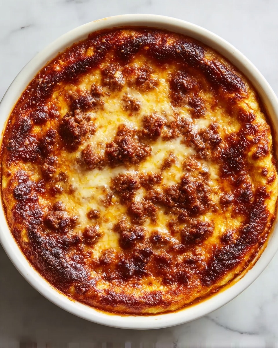 A baked dish in a white round bowl with a thick golden-brown crust on top. The surface is uneven with darker spots of crispy, browned cheese and meat sauce, showing textured clumps of cooked ground meat scattered over melted, bubbly cheese. The edges are slightly raised and well browned while the center shows a mix of bubbling cheese and rich tomato sauce blending together in an irregular pattern. The dish rests on a white marbled surface. photo taken with an iphone --ar 4:5 --v 7
