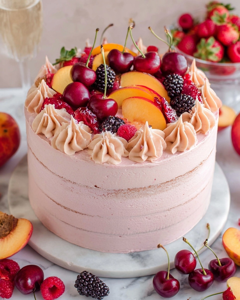 A round cake with three visible layers of light brown sponge with a thin spread of pale pink frosting between each layer and around the outside, creating a slightly rustic look with some sponge showing; the top is covered half with swirls of light peach frosting and a mixed pile of fresh fruit including bright red cherries with stems, raspberries, blackberries, sliced strawberries, and small peach chunks, arranged in a rich and colorful cluster; the cake sits on a silver stand surrounded by scattered fresh fruits on a white marbled surface; photo taken with an iphone --ar 4:5 --v 7