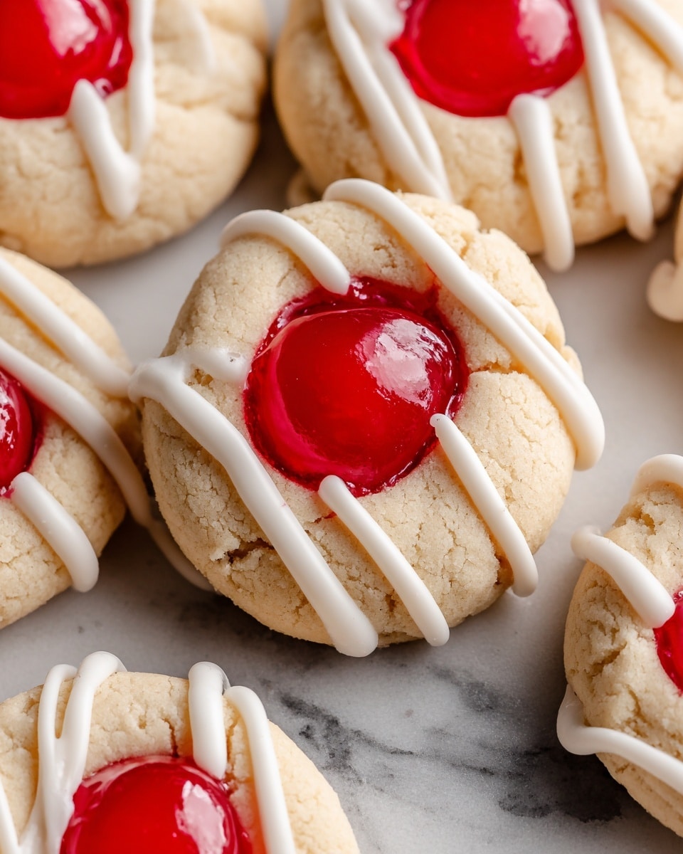 The image shows close-up of soft, round cookies with a pale beige color and smooth texture. Each cookie features a bright red cherry embedded in the center, standing out against the light dough. On top of the cookies, there are thin, curved white icing stripes applied in a drip pattern, adding a slight shine and decorative look. The cookies are placed on a white marbled surface, highlighting their colors and details. photo taken with an iphone --ar 4:5 --v 7