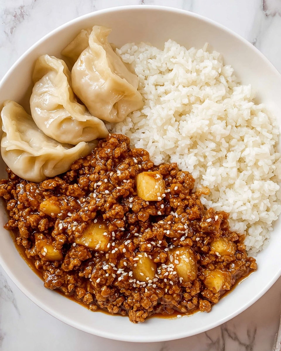 A white bowl contains three main layers: on the right side, there is a thick layer of plain white rice with a soft and fluffy texture; next to the rice on the left side, a generous portion of minced meat cooked in a dark brown sauce with visible small chunks of vegetables and sprinkled with white sesame seeds sits, showing a glossy, moist texture; at the top left corner of the bowl, two steamed dumplings with smooth, shiny, yellowish dough and subtle folds rest side by side. The background is a white marbled surface. Photo taken with an iphone --ar 4:5 --v 7