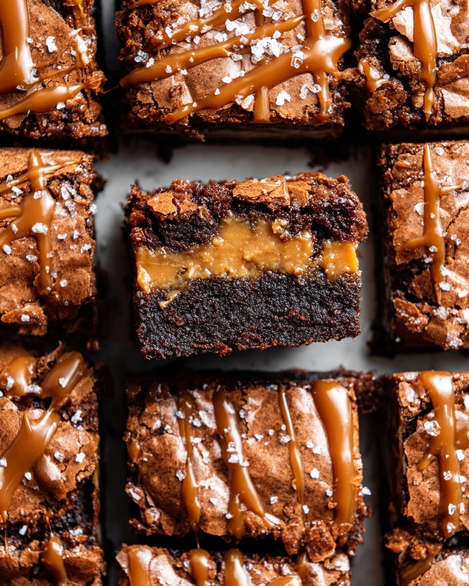 The image shows a close-up of cut brownies arranged in a grid on a white marbled surface, with one brownie piece lifted in the center revealing three distinct layers: a dense, dark chocolate base at the bottom, a middle layer of gooey caramel, and a top layer of soft, golden-brown cookie dough. The surface of the brownies is drizzled with caramel sauce and sprinkled with coarse salt flakes, giving a textured, slightly glossy appearance. The edges of each brownie piece are sharp and well-defined, highlighting the different layers clearly. photo taken with an iphone --ar 4:5 --v 7