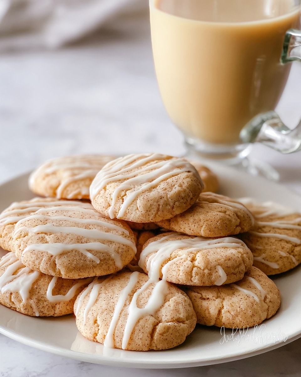 A white plate holds a stack of eight round cookies, each with a light golden-brown color and a rough, sugary texture. The cookies are topped with thin, uneven drizzles of white icing running across their surface in a zigzag pattern. The plate with cookies rests on a table with a white marbled texture. In the background, slightly out of focus, is a clear glass filled with a pale yellow drink. The overall image has a warm, soft light that highlights the texture of the cookies. Photo taken with an iphone --ar 4:5 --v 7