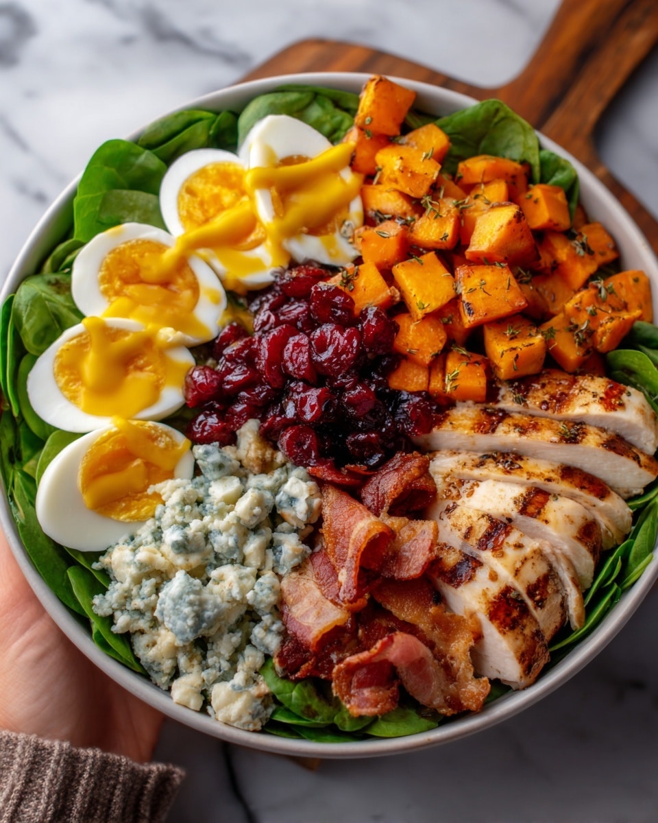 A white bowl filled with a colorful layered salad: at the base, fresh green spinach leaves, topped with sliced boiled eggs arranged in a fan shape on one side, drizzled with mustard. Next to the eggs are bright red cooked cranberries, then a pile of cubed orange roasted butternut squash sprinkled with seasoning. In the center, crumbled blue cheese adds a creamy texture, while crispy cooked bacon pieces sit beside it. On the opposite side, grilled chicken breast slices with visible char marks complete the dish. The bowl is placed on a white marbled surface with a wooden tray and a small bowl of brown dressing in the background. photo taken with an iphone --ar 4:5 --v 7