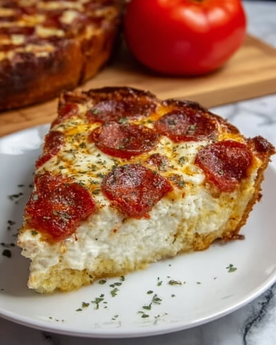 A close-up of a triangular slice of pizza on a white plate with black specks, placed on a white marbled surface. The pizza slice has three main layers: a golden-brown crispy crust at the bottom, a thick layer of melted white cheese with some bubbling, and on top, round slices of dark red pepperoni evenly spread with a slight shine. There is a sprinkling of green herbs visible on the cheese layer. A whole tomato and more pizza are visible softly blurred in the background. Photo taken with an iphone --ar 4:5 --v 7