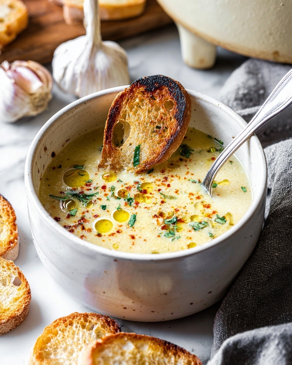 A white bowl filled with creamy light yellow soup that has a smooth texture, topped with a drizzle of golden olive oil, scattered green herbs, a few red spice powders, and a single piece of toasted brown bread with a crisp surface floating in the center. The bowl sits on a wooden board with slices of crusty bread beside it, and behind the bowl, there is a whole garlic bulb. The scene is set on a white marbled surface with a folded gray cloth napkin and a silver spoon resting inside the bowl. photo taken with an iphone --ar 4:5 --v 7
