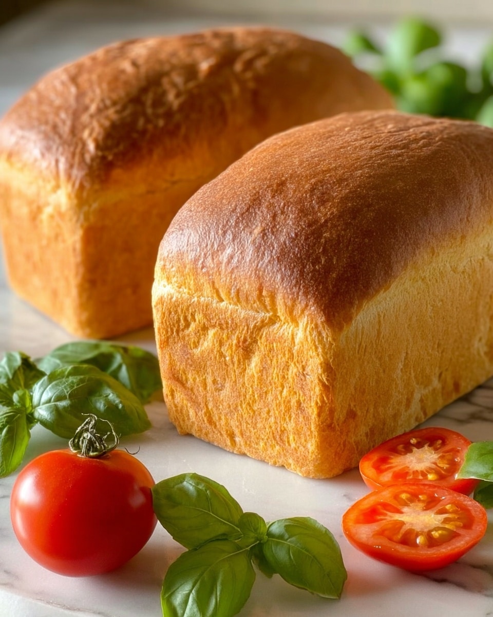 The image shows two golden brown loaves of bread with a soft, slightly textured crust on top. One loaf is fully intact while the other is behind it, slightly out of focus. In front of the loaves, there is a whole small red tomato and a cut tomato half showing its juicy red inside and seeds. Around the bread and tomatoes are scattered green basil leaves on a white marbled surface. The overall setting is bright with natural light, highlighting the fresh and tasty look of the bread and tomatoes. photo taken with an iphone --ar 4:5 --v 7