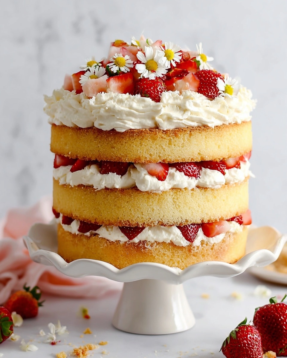 The image shows a three-layer cake on a white, wavy-edged cake stand, placed on a white marbled surface. Each layer is made of a light golden sponge, with thick white whipped cream piped in decorative swirls between the layers. Between each whipped cream layer, there are bright red sliced strawberries arranged evenly around the cake. The top layer is also decorated with whipped cream swirls, sliced strawberries, small white crumb-like pieces, and tiny white and yellow edible flowers scattered on top. Fresh whole strawberries and a glass bowl with strawberries are visible blurred in the background. Photo taken with an iphone --ar 4:5 --v 7