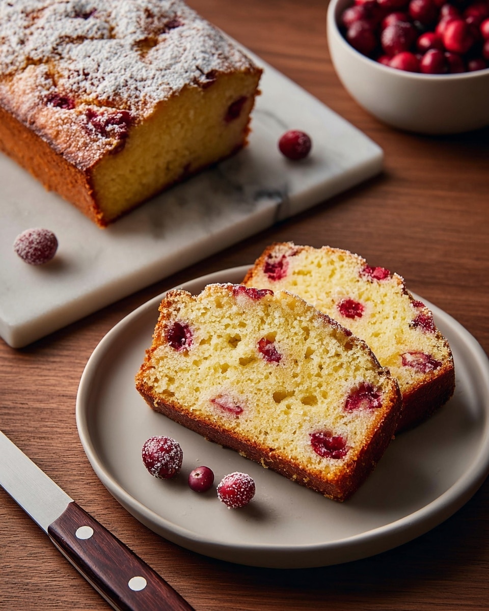 The image shows two slices of cranberry cake placed side by side on a white plate. The cake has a golden-brown crust with a soft, light yellow inside, dotted with bright red cranberries evenly spread throughout the layers. A few loose cranberries and crumbs rest on the plate around the slices. In the background, a square piece of the same cake dusted lightly with powdered sugar is visible on a wooden surface, adding texture contrast. There is a bowl filled with fresh red cranberries to the upper left, and a knife with a wooden-textured handle lies on the right side of the plate. The scene is set on a white marbled textured surface, with a gray cloth under the plate, giving it a simple yet cozy feel. Photo taken with an iphone --ar 4:5 --v 7