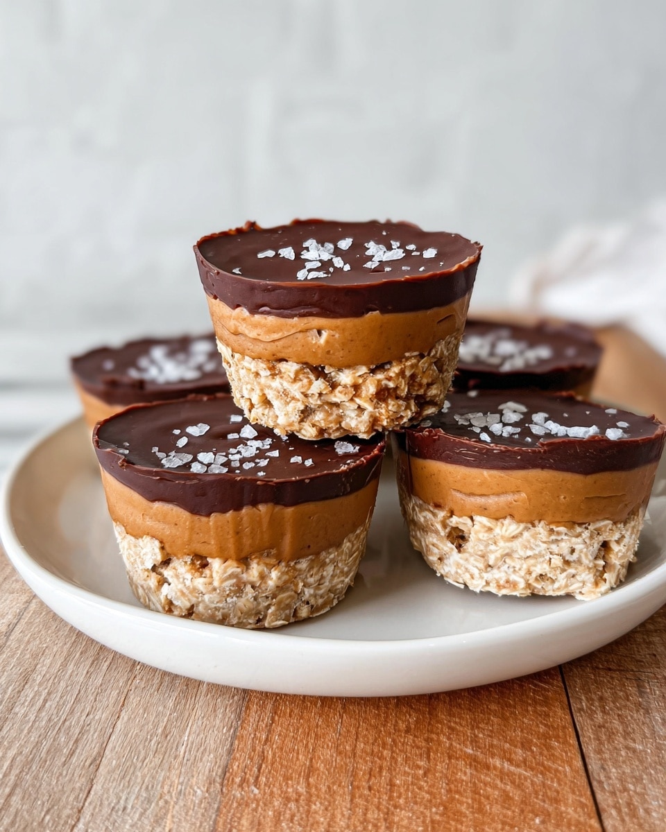 The image shows a stack of three round treats on a white plate with two more in the background. Each treat has three clear layers: a bottom layer with a chunky oat and caramel-like texture in light brown, a middle layer of smooth, light caramel color, and a top layer of dark, shiny chocolate sprinkled with small white flakes. The treats are placed on a white marbled surface with a simple white tiled background. photo taken with an iphone --ar 4:5 --v 7
