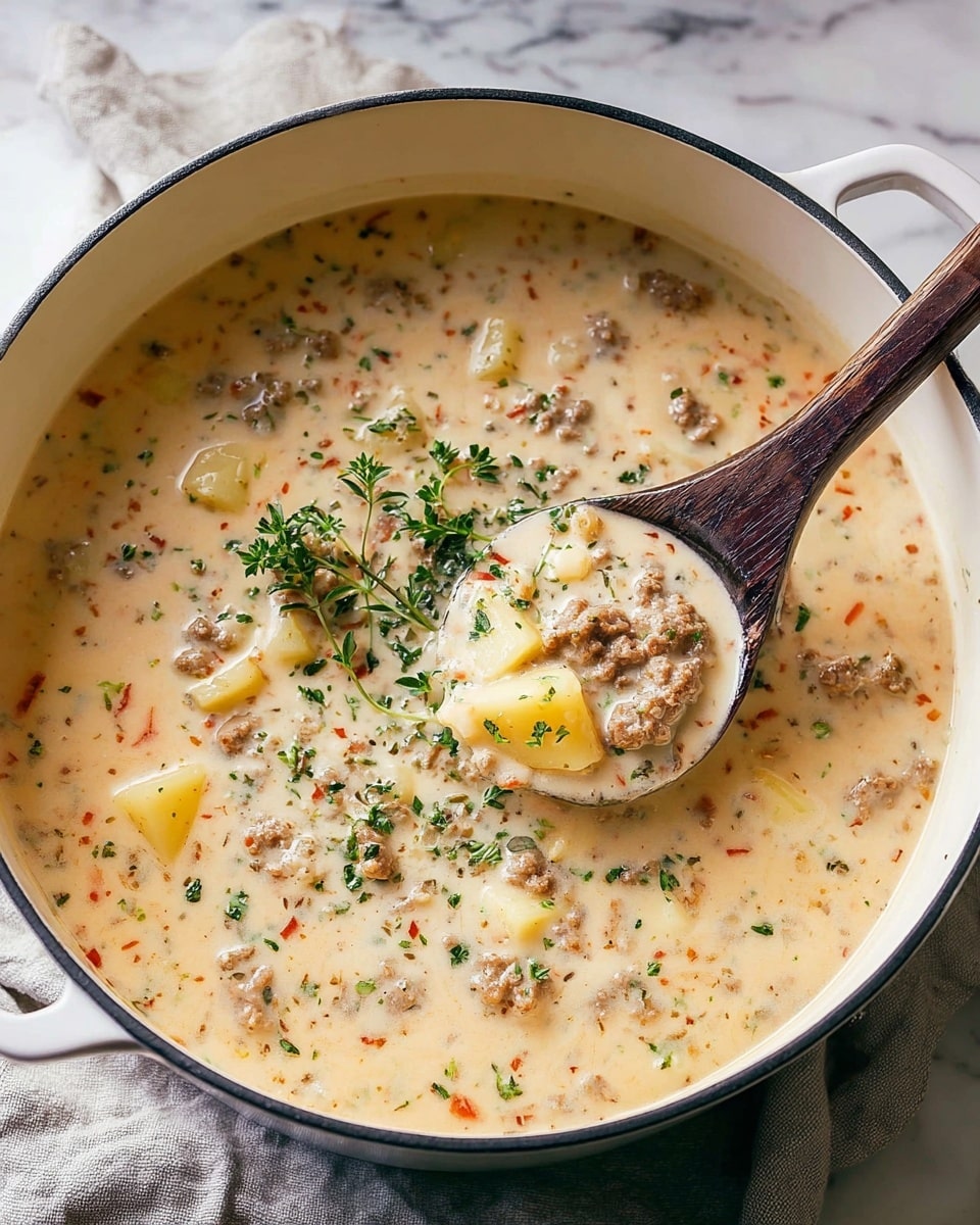A close-up view of a creamy soup in a black pot, with small chunks of cooked ground meat, diced light yellow potatoes, and tiny bits of red and green vegetables floating in a thick beige broth; sprinkled on top are green herbs and black pepper. A dark wooden spoon is lifted from the soup, holding a spoonful of the hearty mixture garnished with a small sprig of fresh green thyme. The pot rests on a beige cloth over a white marbled surface. Photo taken with an iphone --ar 4:5 --v 7