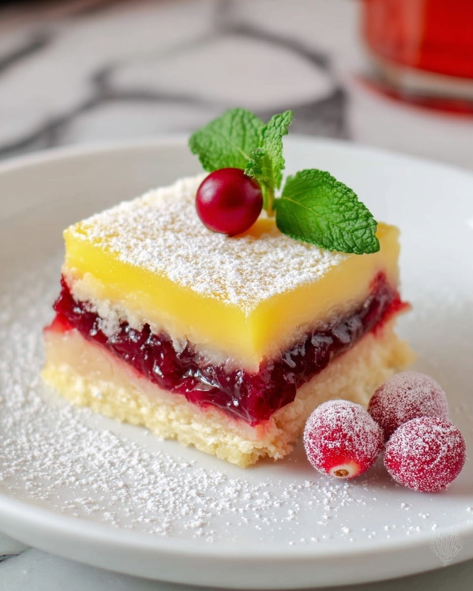 A square lemon bar dessert is shown on a white plate set on a white marbled surface. The dessert has three layers: the bottom layer is light beige and dense, the middle layer is a deep red berry filling, and the top layer is a smooth, bright yellow lemon curd. A light dusting of powdered sugar covers the top of the dessert and the plate. On top of the lemon bar sits a small cluster of vibrant green mint leaves and one fresh red cranberry, with two additional sugared cranberries beside it on the plate. photo taken with an iphone --ar 4:5 --v 7