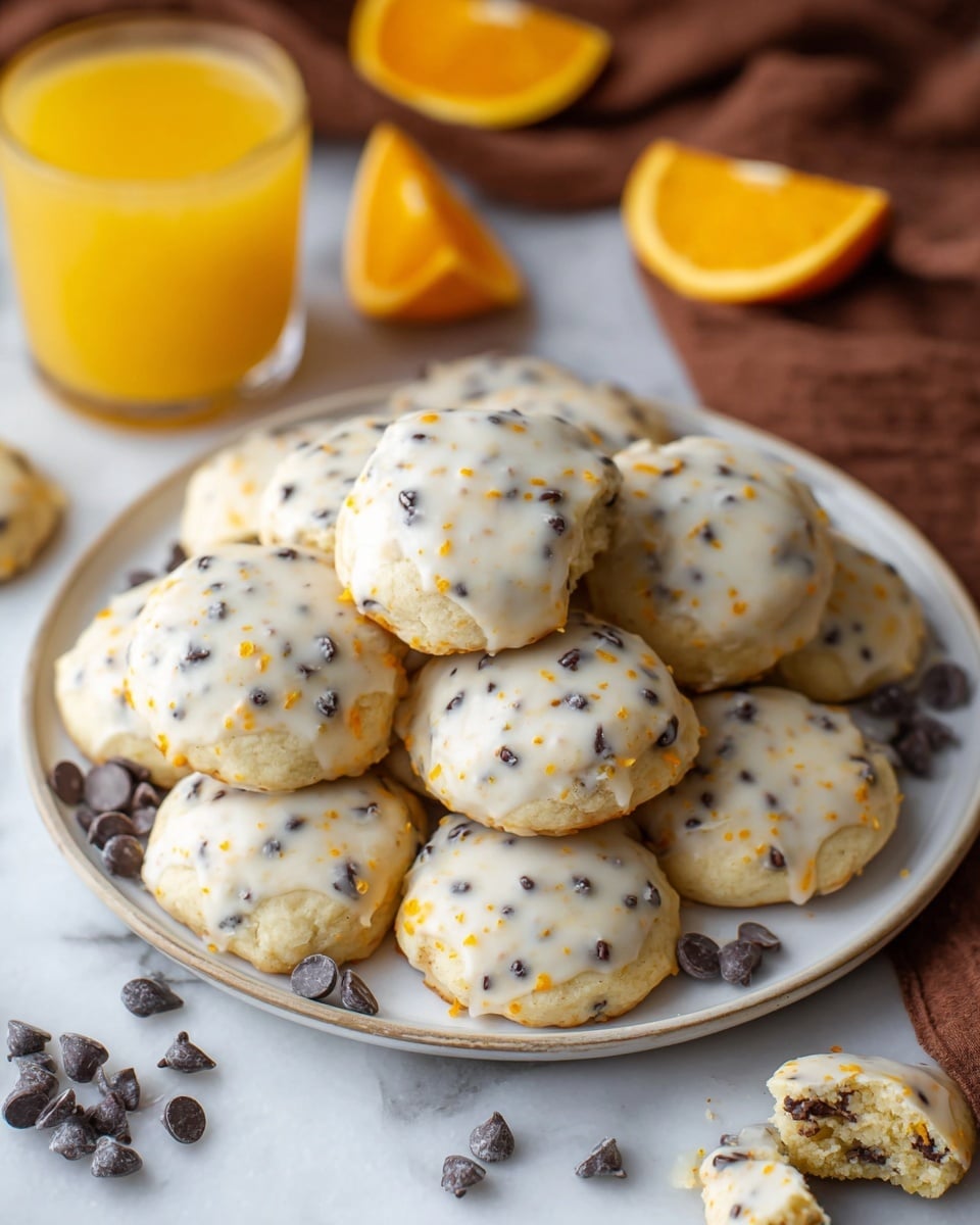 A pile of round cookies sits on a white plate with a gray rim, each cookie topped with a creamy white glaze that has small orange flecks and chocolate chips embedded throughout the light golden dough. One cookie is broken in the background, showing its soft, crumbly texture with chocolate chips inside. Around the plate, there are a few scattered miniature chocolate chips and two orange wedges on the white marbled surface. A glass of bright orange juice is placed near the top left of the frame with a dark green cloth draped in the background. photo taken with an iphone --ar 4:5 --v 7