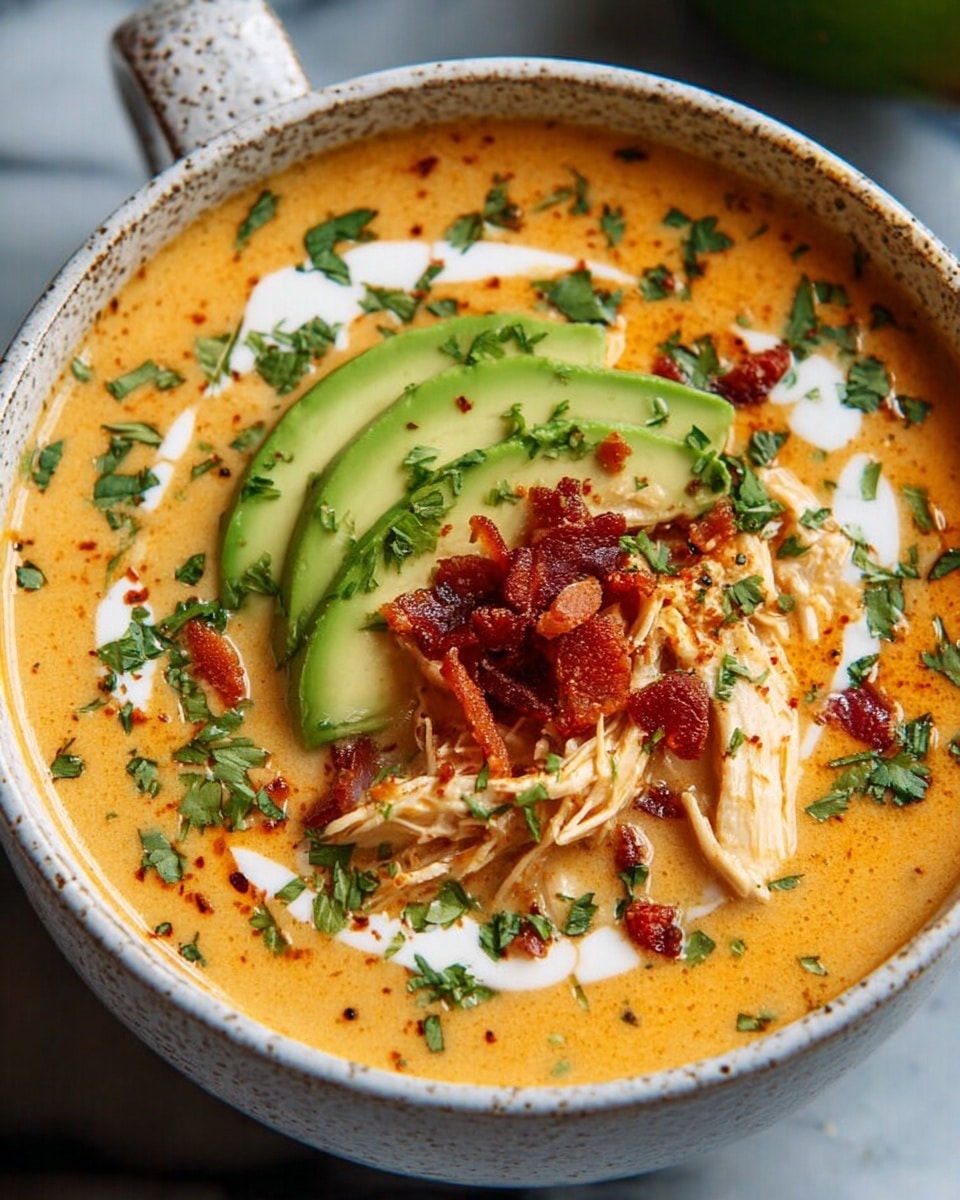 A thick bowl of creamy orange soup fills a speckled white bowl, topped with shredded chicken in the center. Two bright green avocado slices rest on one side of the chicken, sprinkled with small red diced pieces and fresh green herbs scattered over the top. There are swirls of white cream mixed into the soup, giving a rich texture. The bowl sits on a white marbled surface with lime wedges placed nearby. photo taken with an iphone --ar 4:5 --v 7