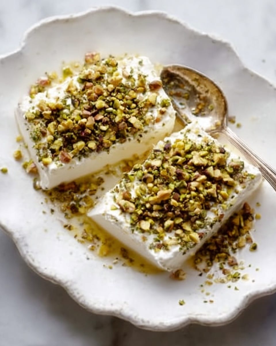 The image shows a white scalloped dish holding two smooth, creamy dollops of light beige tofu or soft cheese. Each dollop is topped with a generous layer of small, crunchy mixed nuts and seeds in shades of brown, green, and white, creating a textured topping. A silver spoon dips slightly into one dollop, with some topping spilled on the plate. The dish sits on a white marbled surface. Photo taken with an iphone --ar 4:5 --v 7