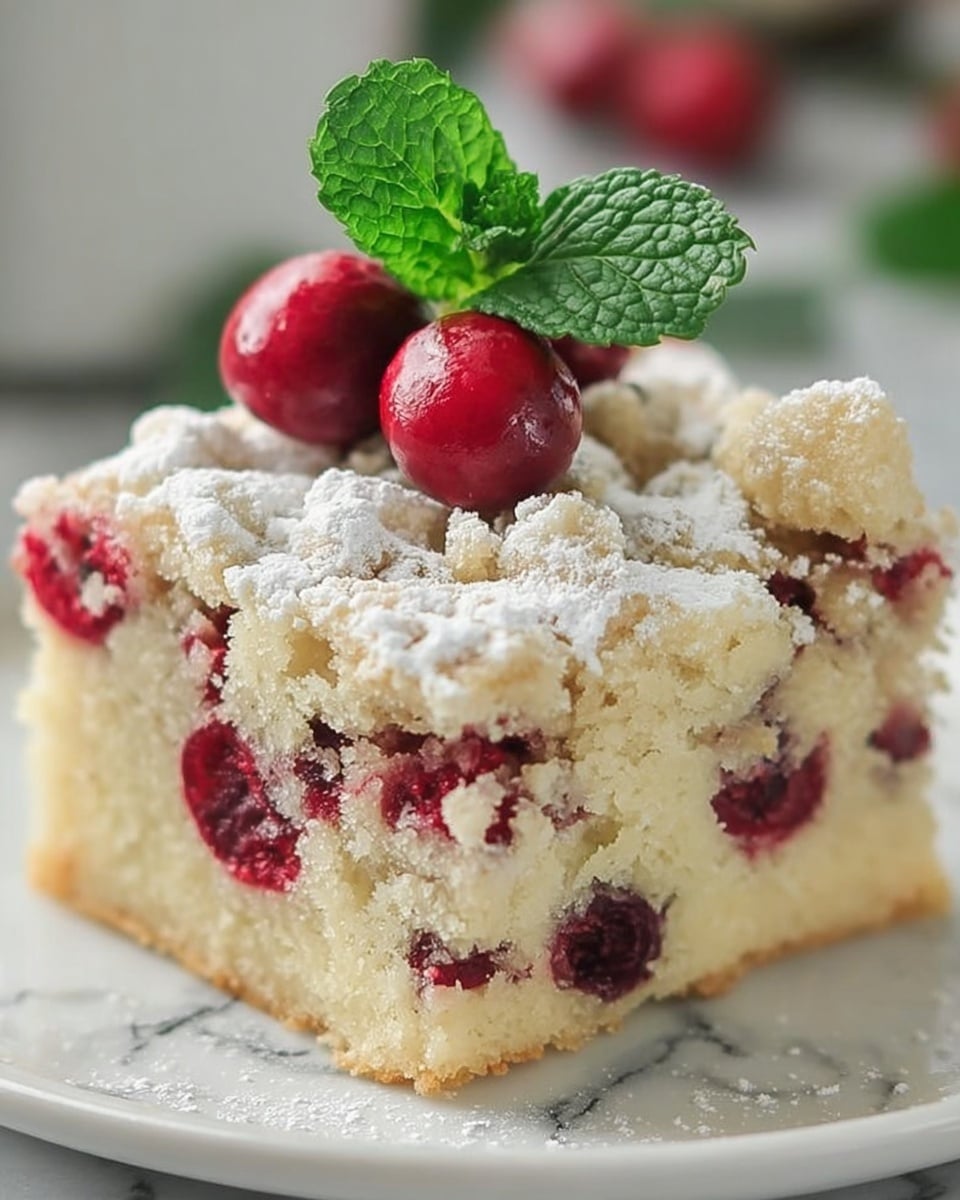 A close-up of a square piece of light yellow cake with a crumbly texture, filled and topped with scattered dark red cranberries that have released some juice into the cake. The cake is dusted with a fine layer of powdered sugar, and on top, there are three glossy whole cranberries along with two bright green fresh leaves placed neatly. The cake sits on a white plate, and the background shows a blurred white marbled surface with some soft-focus green and red berries. Photo taken with an iphone --ar 4:5 --v 7