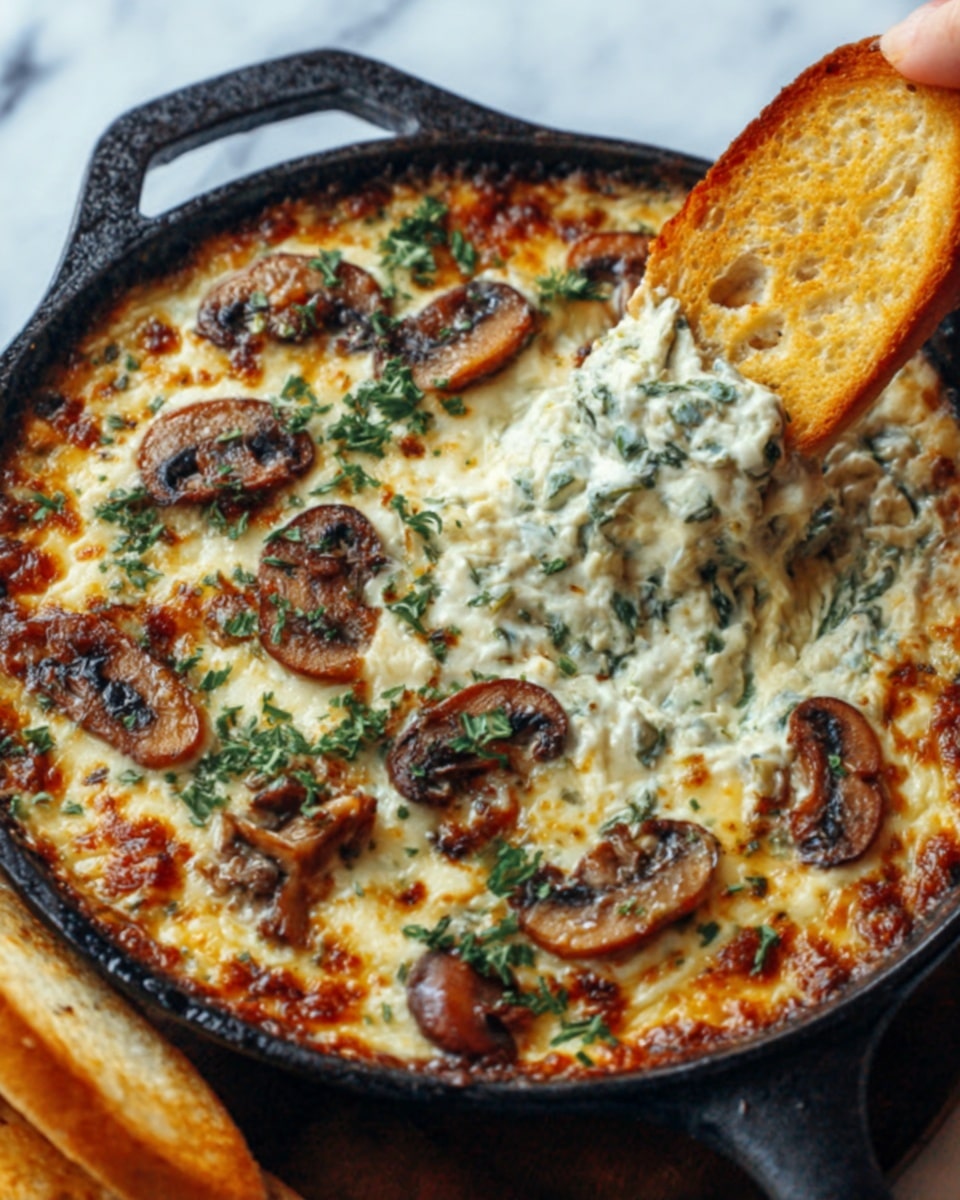 A close-up image of a round white cast iron skillet filled with a cheesy baked dip. The top layer shows melted golden-brown cheese with dark brown spots and browned mushrooms scattered over it. There are bits of green herbs sprinkled on top. A toasted slice of bread is dipped into the creamy cheese mixture, held by a woman's hand on the right side. The skillet sits on a white marbled surface with some blurred bread in the background. Photo taken with an iphone --ar 4:5 --v 7