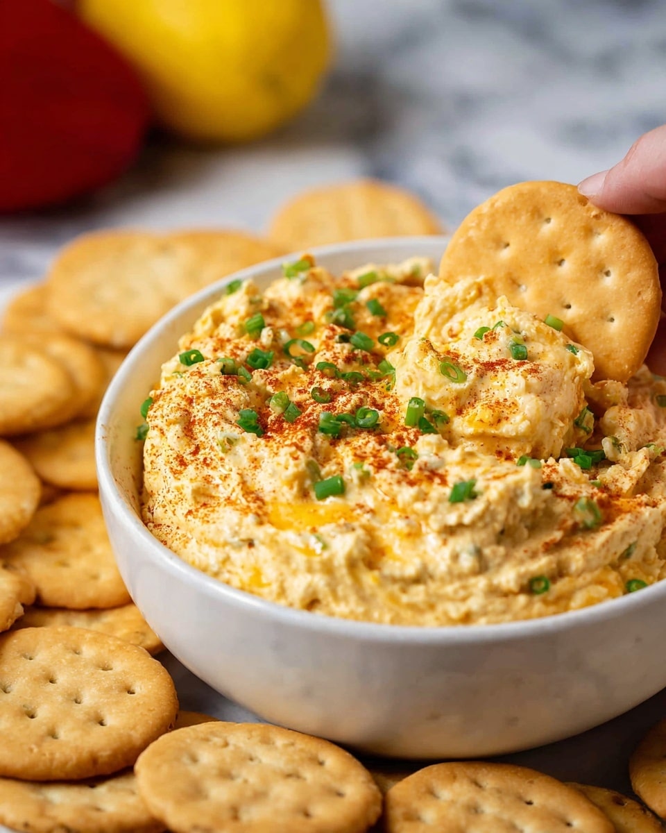 A white bowl filled with creamy, pale yellow hummus topped with light brown paprika powder and small green chopped herbs scattered over it, with a slight textured swirl in the center. One round tan cracker is placed upright, partially inserted into the hummus near the back edge of the bowl. Around the bowl, there is a white plate holding multiple round tan crackers, arranged in a casual pattern. The scene is set on a white marbled texture surface with blurred background colors including red and yellow. photo taken with an iphone --ar 4:5 --v 7