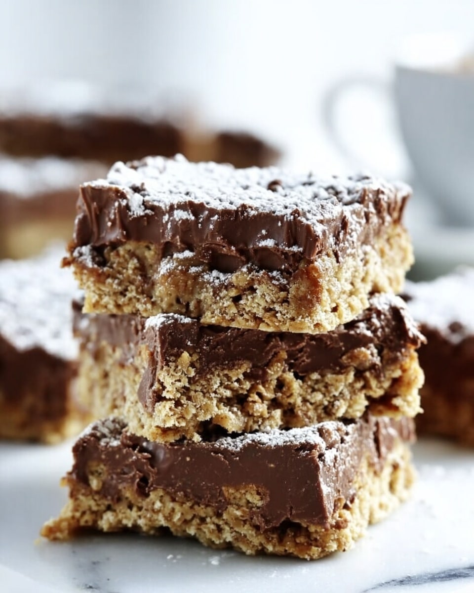 The image shows a stack of three thick bars with a crumbly texture, each layer made up of a crunchy, golden-brown base mixed with melted chocolate spread unevenly throughout. The bars are dusted lightly with powdered sugar on top, giving a soft white contrast to the rich brown and golden colors. The background features a white marbled texture that softly blurs out, keeping the focus on the detailed texture of the bars. The bars appear dense and moist with a rough, crumbly surface texture clearly visible, and a few crumbs scatter around the base. Photo taken with an iphone --ar 4:5 --v 7