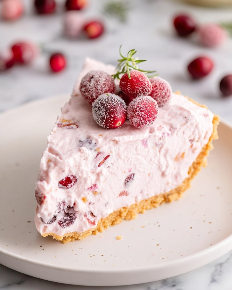 A single slice of creamy pink pie with two layers is shown on a white plate; the bottom layer is a crumbly light brown crust, and the top layer is a thick, fluffy pink filling with small red fruit bits mixed throughout. The pie slice is topped with five whole cranberries, some covered in sugar and some shiny, along with a small sprig of green leaves. In the background, blurred whole cranberries add a soft red touch on a white marbled surface. Photo taken with an iphone --ar 4:5 --v 7