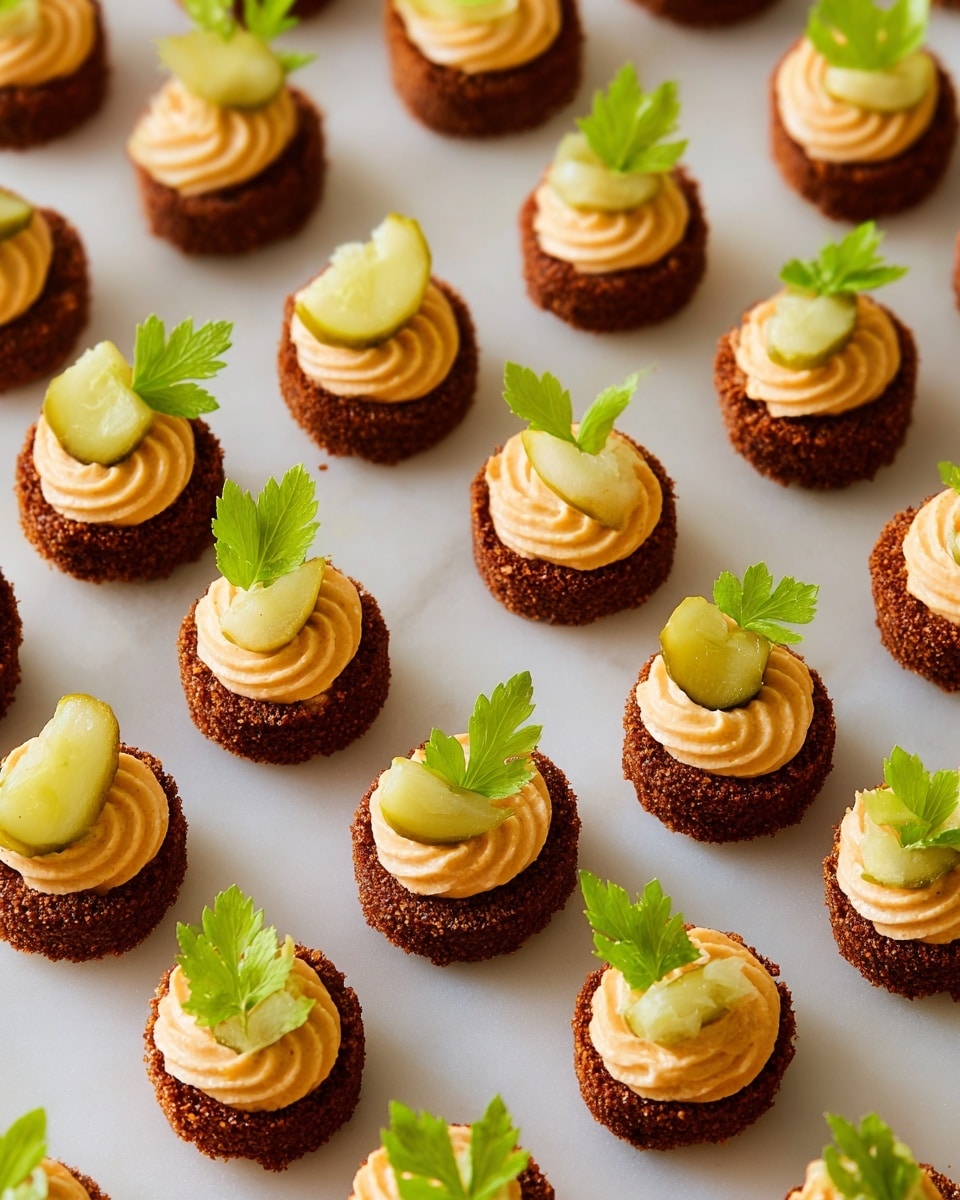 The image shows several small round appetizers neatly arranged on a white marbled surface. Each appetizer has three layers: the base is a dark brown, crumbly, crispy cup; the middle layer is a thick, light orange creamy dollop with a slightly uneven texture; on top, each has a small green pickle slice and a fresh celery leaf placed carefully as garnish, adding a touch of bright green color. The appetizers are evenly spaced, creating a clean and organized look. photo taken with an iphone --ar 4:5 --v 7