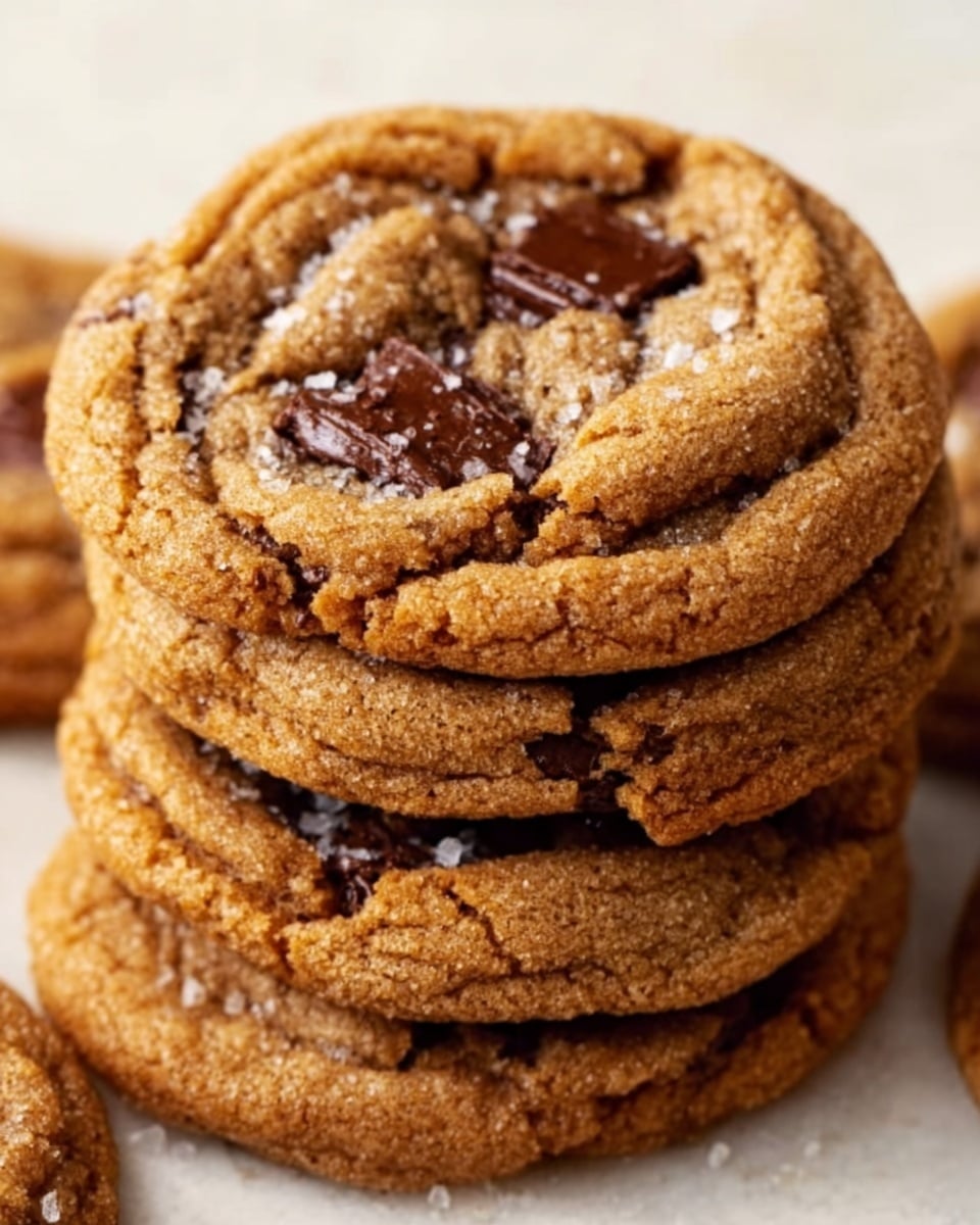 A close-up of a stack of soft, golden-brown cookies with visible deep cracks and a slightly chewy texture. Each cookie has melted dark chocolate chunks embedded unevenly on the top, with a light sprinkling of coarse salt crystals that catch the light, adding a slight shine. The cookies look warm and fresh, with some edges slightly crisp and the centers soft and thick. The background is a white marbled surface. photo taken with an iphone --ar 4:5 --v 7