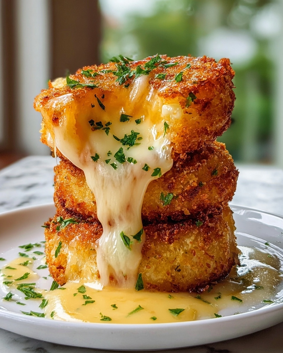 The image shows two golden brown, crispy cheese cakes stacked on top of each other on a white plate. Each cake has a crunchy, textured outer layer with a light golden color and a soft, creamy melted cheese filling inside that is oozing out between the layers. The cheese is smooth, pale yellow, and sticky, dripping down the sides onto the plate. Small green herb pieces are sprinkled on top and around the cakes, adding a fresh touch. The background has a soft, blurred outside view with a white marbled table surface. Photo taken with an iphone --ar 4:5 --v 7