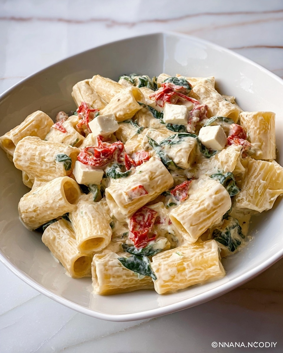 A white bowl holds a creamy pasta dish with large, tube-shaped rigatoni pasta covered in a thick white sauce. Mixed within the pasta are pieces of red tomato, green leafy spinach, and small cubes of white cheese, all coated evenly with the sauce. The pasta's texture appears smooth and soft, while the vegetables add contrast with vibrant red and green colors scattered throughout. The bowl sits on a white marbled surface, giving the overall image a clean and fresh look. Photo taken with an iphone --ar 4:5 --v 7