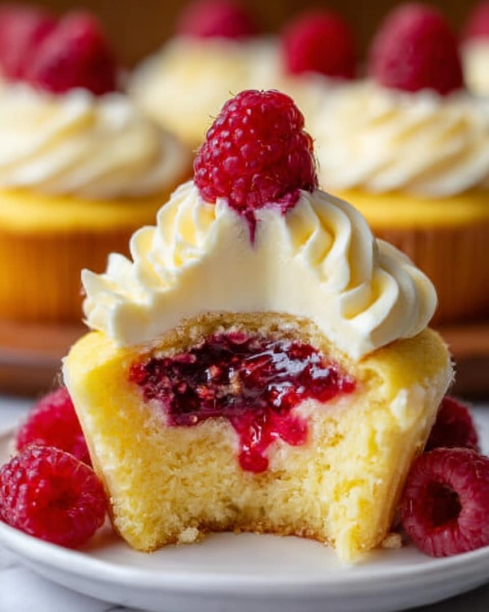 A close-up of a cupcake cut open to show three layers inside: the outer yellow cake layer that looks soft and fluffy, a thick smooth yellow cream layer in the center, and a glossy red raspberry jam layer above the cream with bits of raspberry fruit. On top of the cupcake is a swirl of white cream frosting decorated with a whole bright red raspberry. The cupcake sits on a white marbled surface with more similar decorated cupcakes blurred in the background. Photo taken with an iphone --ar 4:5 --v 7