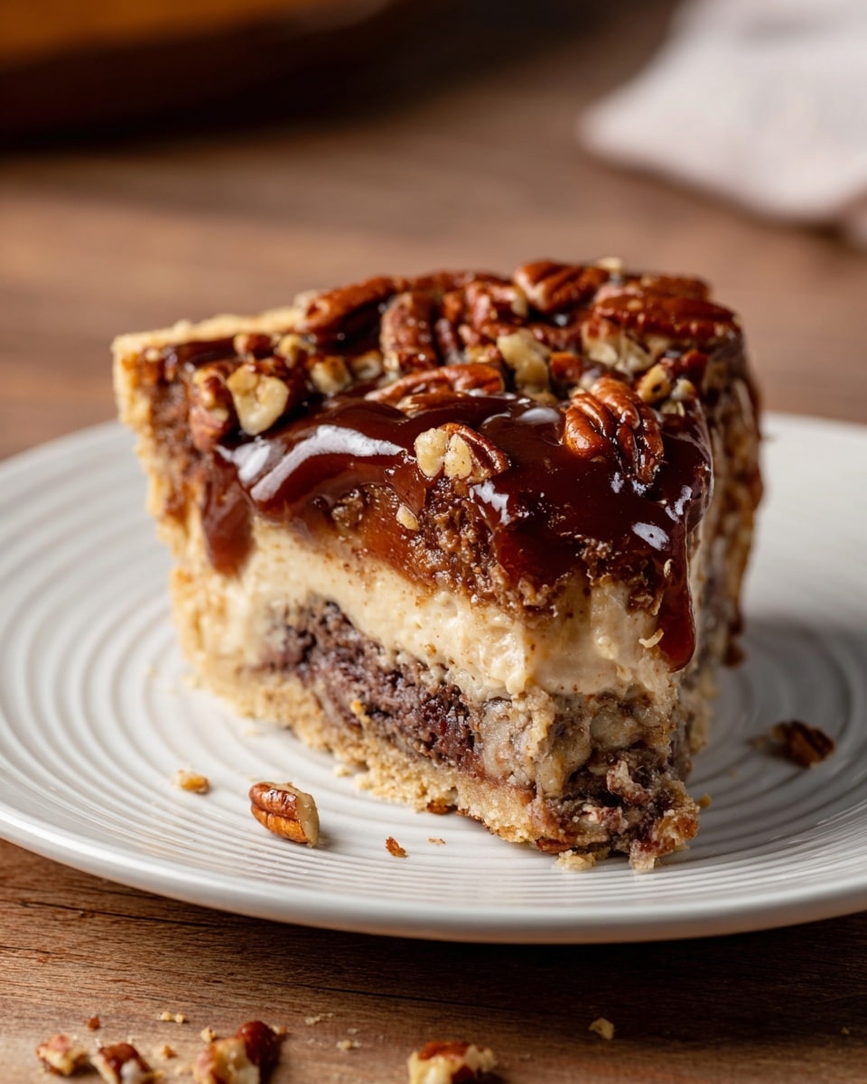 A thick slice of layered dessert sits on a white ridged plate, placed on a wooden table. The bottom layer is a dense, crumbly crust in light brown. Above this is a thick beige cream layer with chunks of dark brown nuts mixed in. Another layer of creamy light beige follows, topped by a glossy dark brown sauce that drips slightly down the sides. On top, there are many small pieces of pecans, adding a rough, textured finish. Some small nut crumbs lie on the plate and nearby wooden surface. The photo is taken closely from the side, showing the rich textures of the layers. photo taken with an iphone --ar 4:5 --v 7