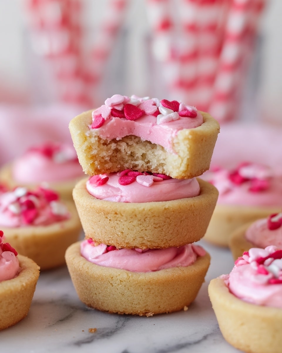 A close-up shows a stack of three small round tarts with golden brown crusts. Each tart has one layer of buttery crust at the bottom and sides, filled with a smooth, creamy pink frosting that has a soft texture. The top tart is bitten into, revealing the crumbly crust and thick pink filling inside. Small heart-shaped sprinkles in shades of red and pink are scattered on the frosting on each tart. Around the stack, more tarts with the same layers and decorations are placed on a white marbled surface, with a soft blur of more tarts and striped paper straws in the background. photo taken with an iphone --ar 4:5 --v 7