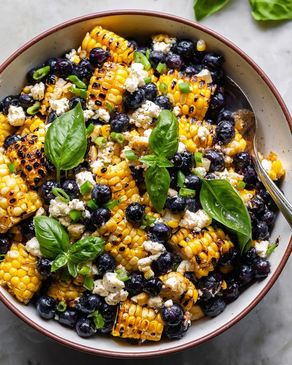 A close-up view of a fresh salad in a white bowl with a brown rim is shown on a white marbled surface. The salad has grilled corn pieces with light brown char marks mixed with whole black olives giving deep black round shapes. Bright yellow corn kernels fill most of the bowl with scattered bright white crumbled cheese bits. Green leafy herbs and sliced green onions add layers of fresh color and texture. A silver spoon is partially visible inside the bowl at the top right corner. photo taken with an iphone --ar 4:5 --v 7