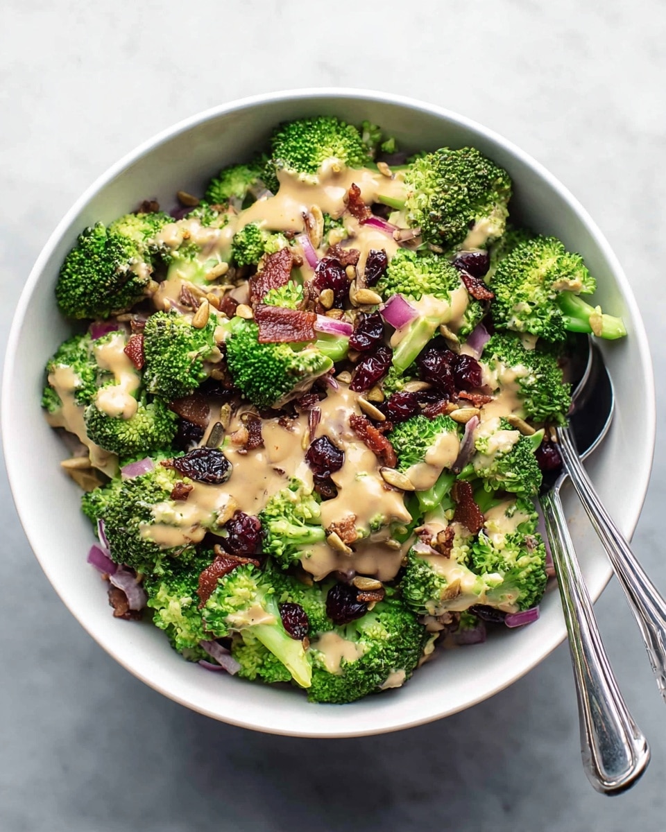 A white bowl filled with a fresh broccoli salad shows several bright green broccoli florets as the main layer, mixed with bits of red onions and dark red dried cranberries scattered throughout. On top, there are small light brown sunflower seeds and tiny pieces of crunchy bacon mixed in, all lightly covered with a creamy yellow dressing that drips over the broccoli. Two silver forks rest on the right side inside the bowl, contrasting with the white marbled surface below. photo taken with an iphone --ar 4:5 --v 7