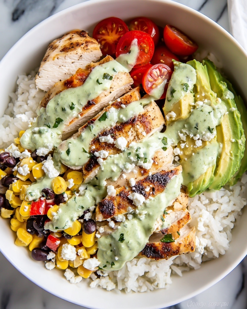 A white bowl filled with a base layer of white rice covering the bottom. On one side, there are slices of grilled chicken breast with light brown grill marks and a drizzle of pale green sauce on top. Next to the chicken, there are thick slices of fresh green avocado, also topped with green sauce. Above the avocado are bright red halved cherry tomatoes with dollops of the same pale green sauce. On the left side, a mix of yellow corn kernels and black beans with small pieces of red pepper, all covered lightly in the green sauce. Crumbled white cheese is scattered over the chicken, avocado, beans, and tomatoes. The bowl sits on a white marbled surface. Photo taken with an iphone --ar 4:5 --v 7