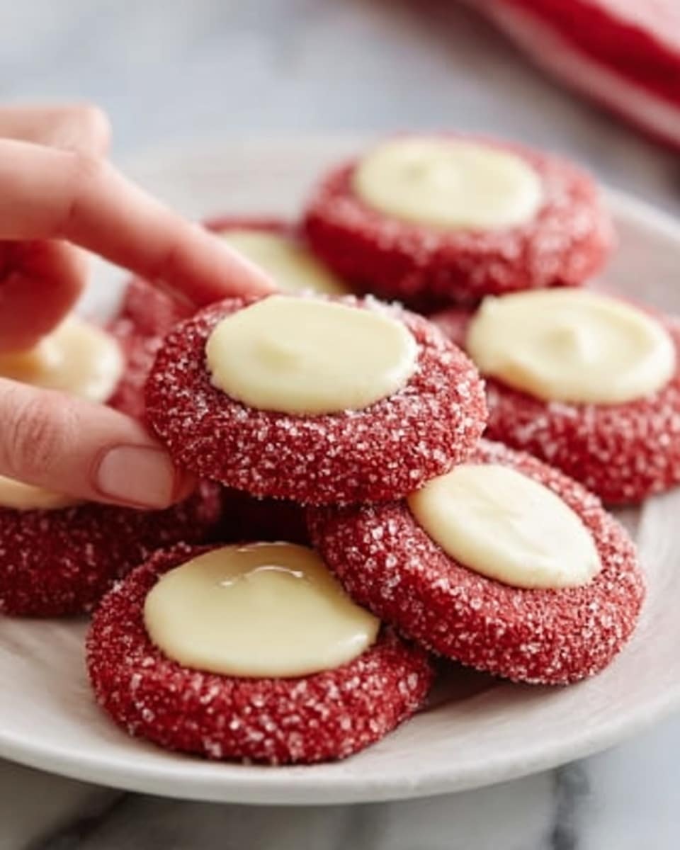 The image shows a white plate filled with several round red cookies arranged closely together. Each cookie is covered in a coarse sugar coating, giving a sparkly texture, and has a smooth white creamy center filled in a shallow indentation on top. The cookies have a soft, slightly cracked surface beneath the sugar and look freshly baked. The plate sits on a white marbled surface, with soft natural light highlighting the sugar crystals and creamy centers. Photo taken with an iphone --ar 4:5 --v 7