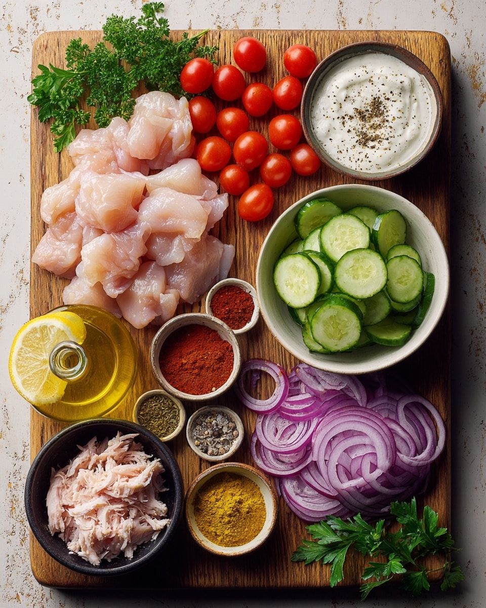 A wooden cutting board on a white marbled texture holds various fresh ingredients arranged neatly. There are five raw chicken pieces, whole red cherry tomatoes, a bowl of sliced green cucumbers, and a separate bowl filled with thinly sliced purple onions. Small bowls contain white rice, bright red paprika powder, golden curry powder, and two types of black and green ground spices. A halved lemon sits on the board, along with a glass bottle of golden olive oil. Creamy white sauce with black pepper flakes is in a small bowl, and fresh green parsley sprigs are scattered around the board. photo taken with an iphone --ar 4:5 --v 7
