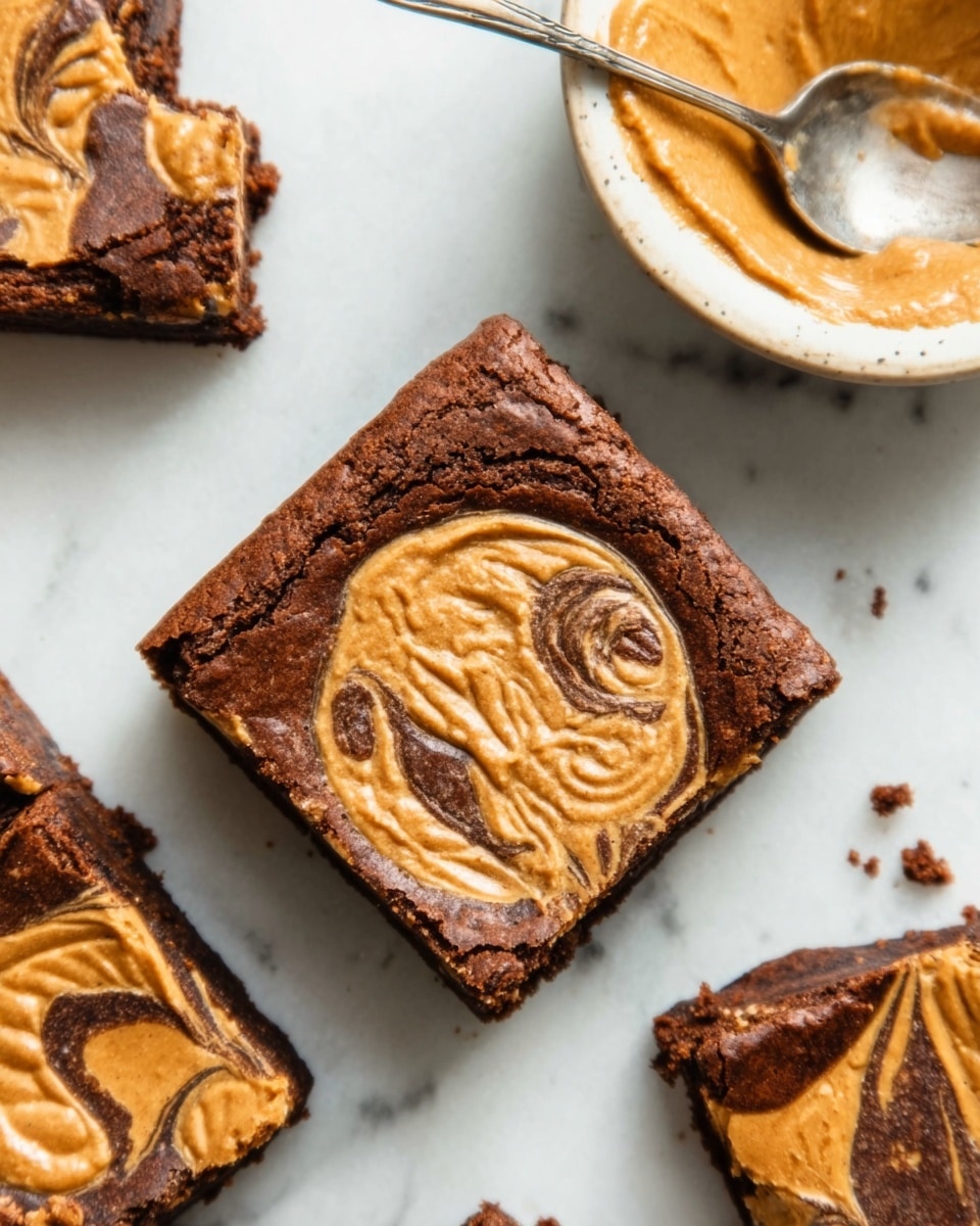 A close-up image showing a square chocolate brownie with embedded round peanut butter cookies on top. The brownie layer is dark brown and dense with a slightly cracked surface. The peanut butter cookie pieces are light golden brown, placed unevenly on the top layer. Next to the brownie, there is a white bowl filled with creamy, light brown peanut butter with a spoon inside it. The background is a white marbled surface. photo taken with an iphone --ar 4:5 --v 7